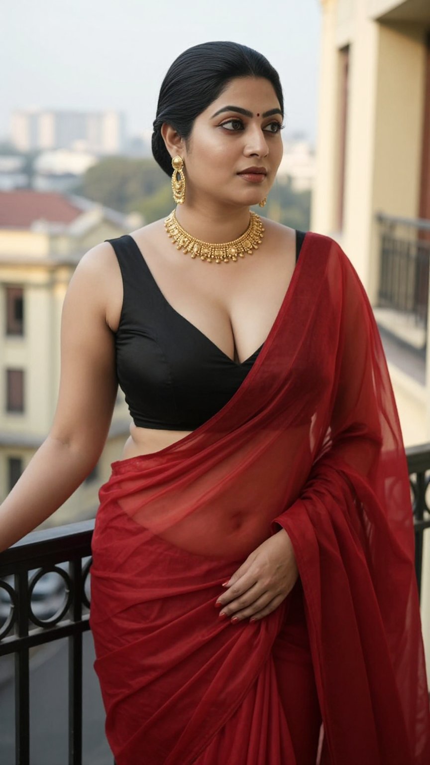 Ultra-realistic fashion portrait of a Bengali woman with pale ivory skin,  naturally curvy figure,  sleek slicked-back bla...