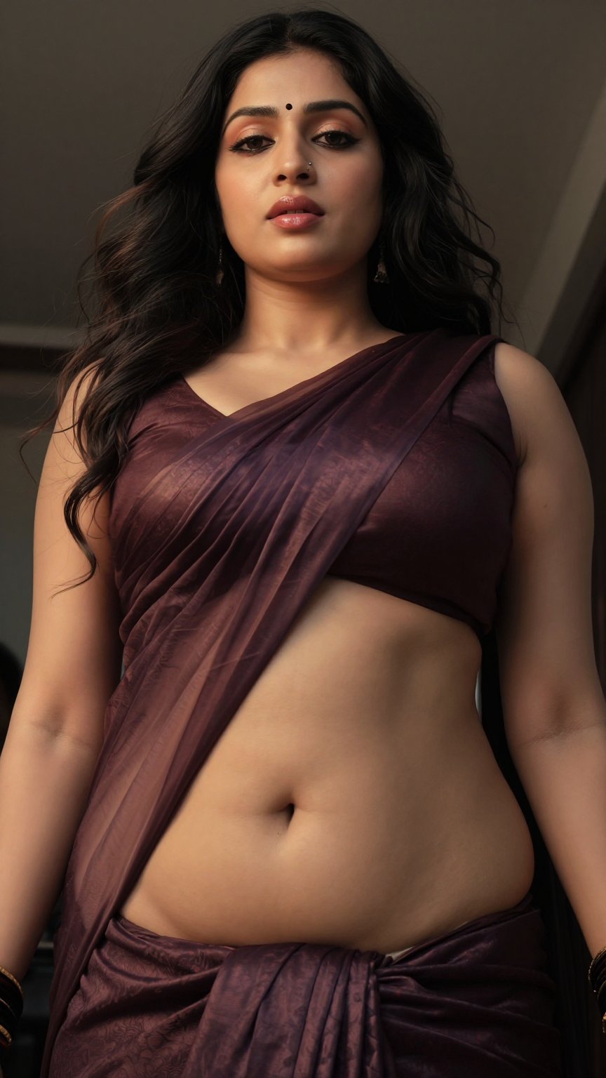 cinematic worms-eye view low-angle shot of a stunning Mallu woman with a seductive expression,  looking down towards the c...