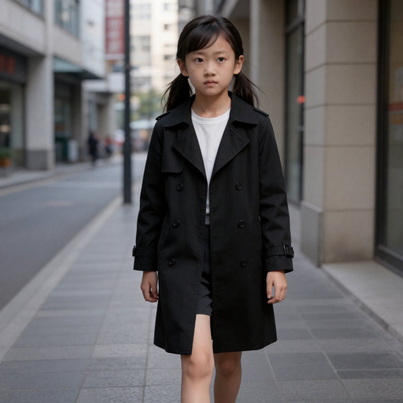 A young girl with long dark hair walks forward along a narrow urban street,  maintaining a steady and neutral expression a...