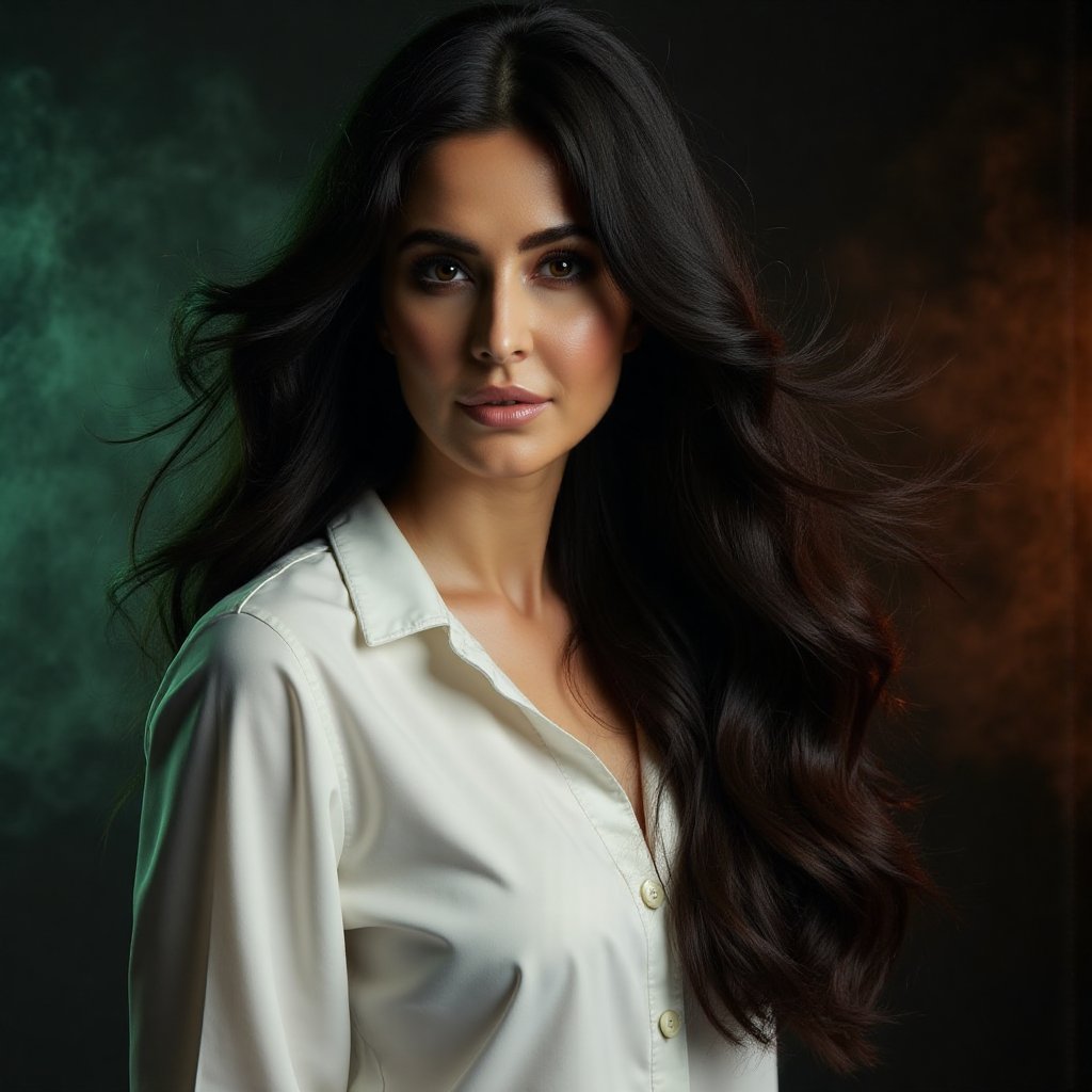 This image is an evocative,  high-definition picture of a breathtaking beautiful model captured in a low-light background....