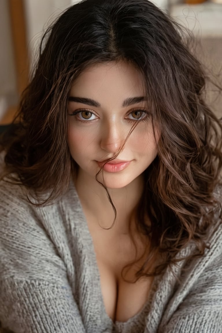 [extreme closeup portrait from above,  exact same girl with identical face perfectly preserved,  long voluminous wavy dark...