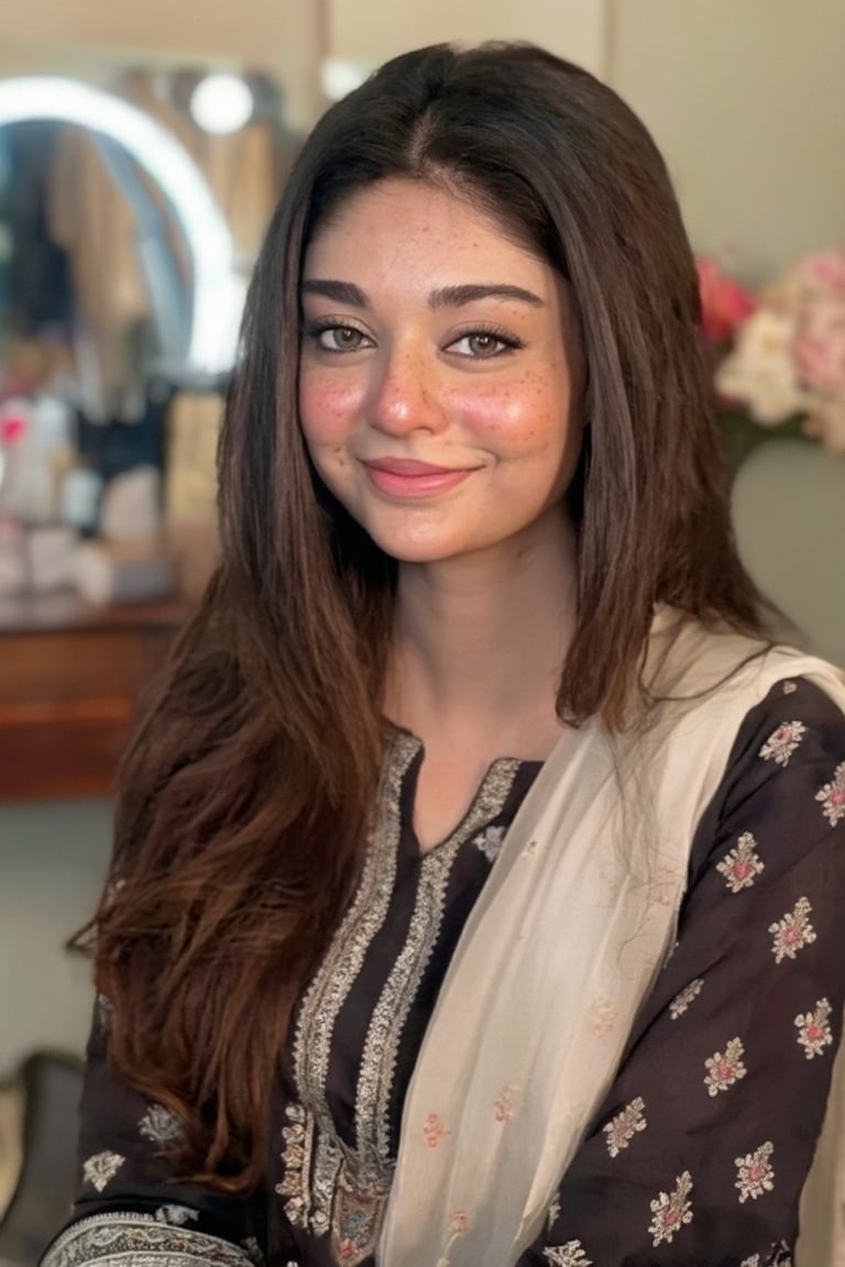 [candid mirror selfie,  Pakistani influencer aesthetic,  exact same girl with identical face perfectly preserved by Bell o...