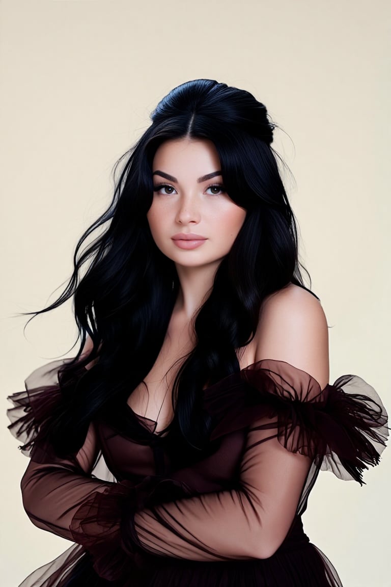 The subject is a realistic close-up portrait of a young woman captured in a professional studio setting. She faces the vie...