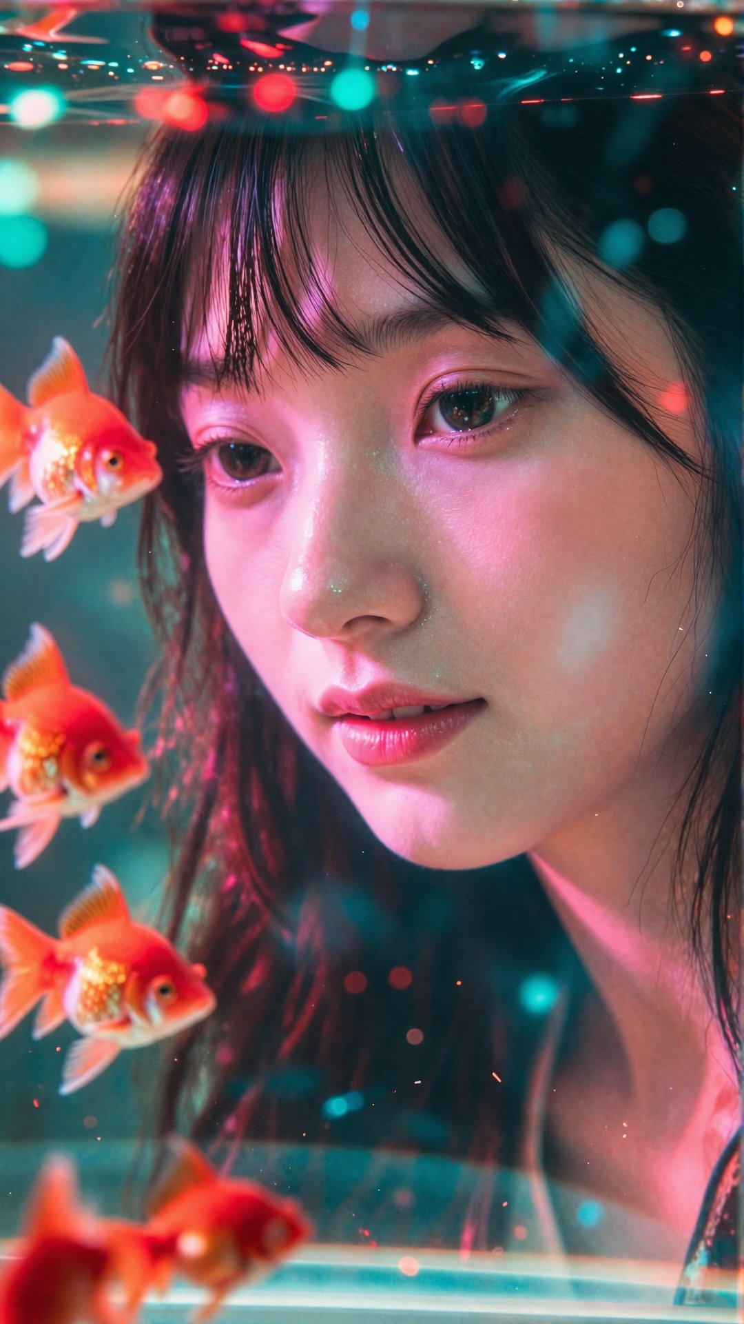 Subject: A beautiful young Asian woman with a gentle smile and soft facial features. She has dark hair with delicate see-t...