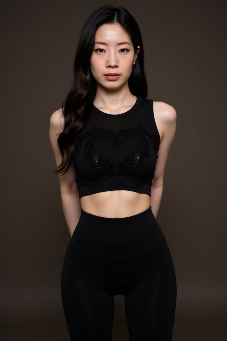 A photo featuring a woman wearing a black crop top and black high-waisted leggings,  centered in a full-body shot. The bac...