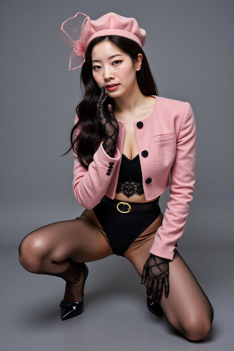 Hair: long waves under soft pink beret with veil. hands hanging on side Clothes: cropped tweed pink jacket,  black lace bo...