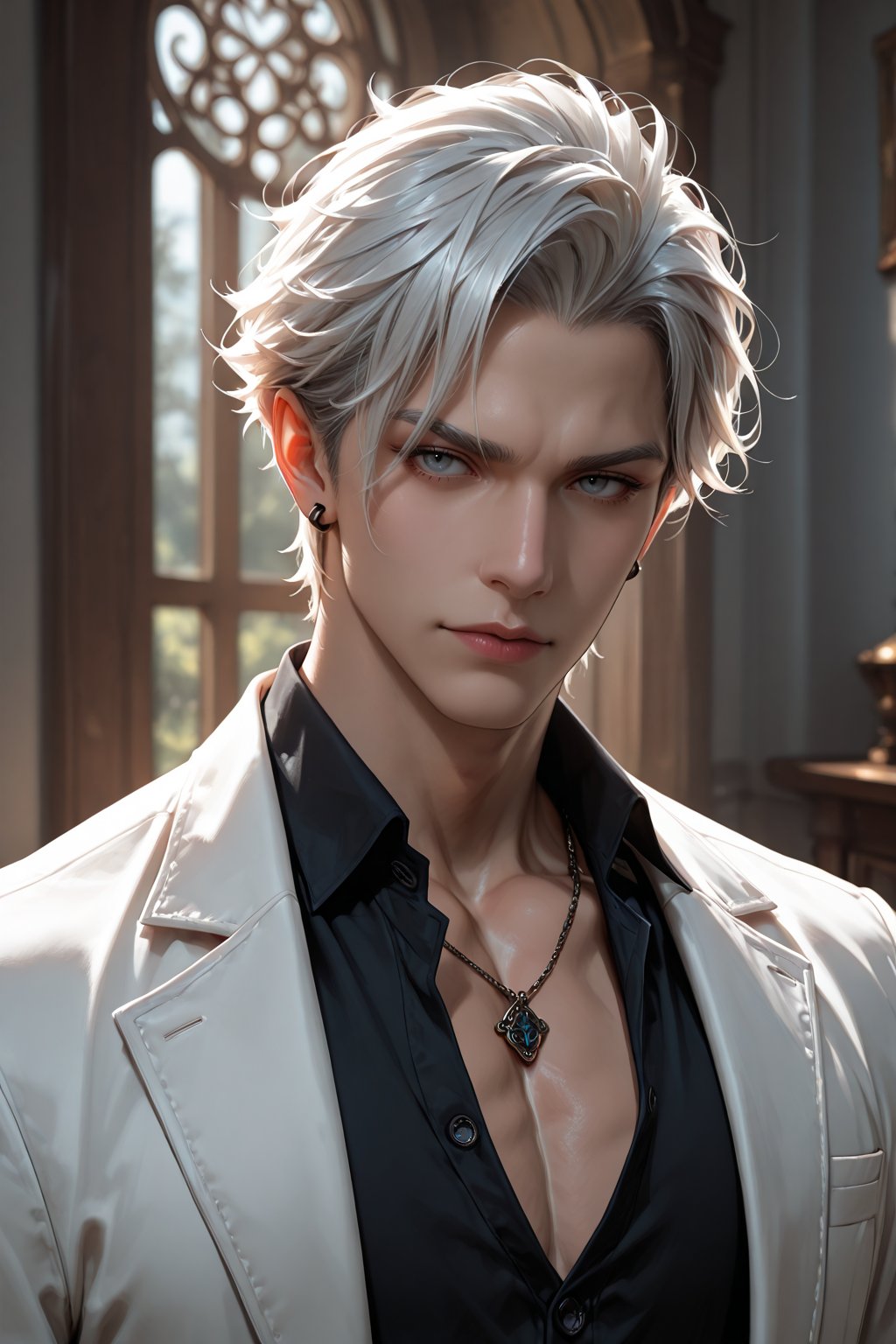 ............ ,  ,  solo looking at viewer short hair blue eyes shirt 1boy jewelry closed mouth jacket upper body white hai...