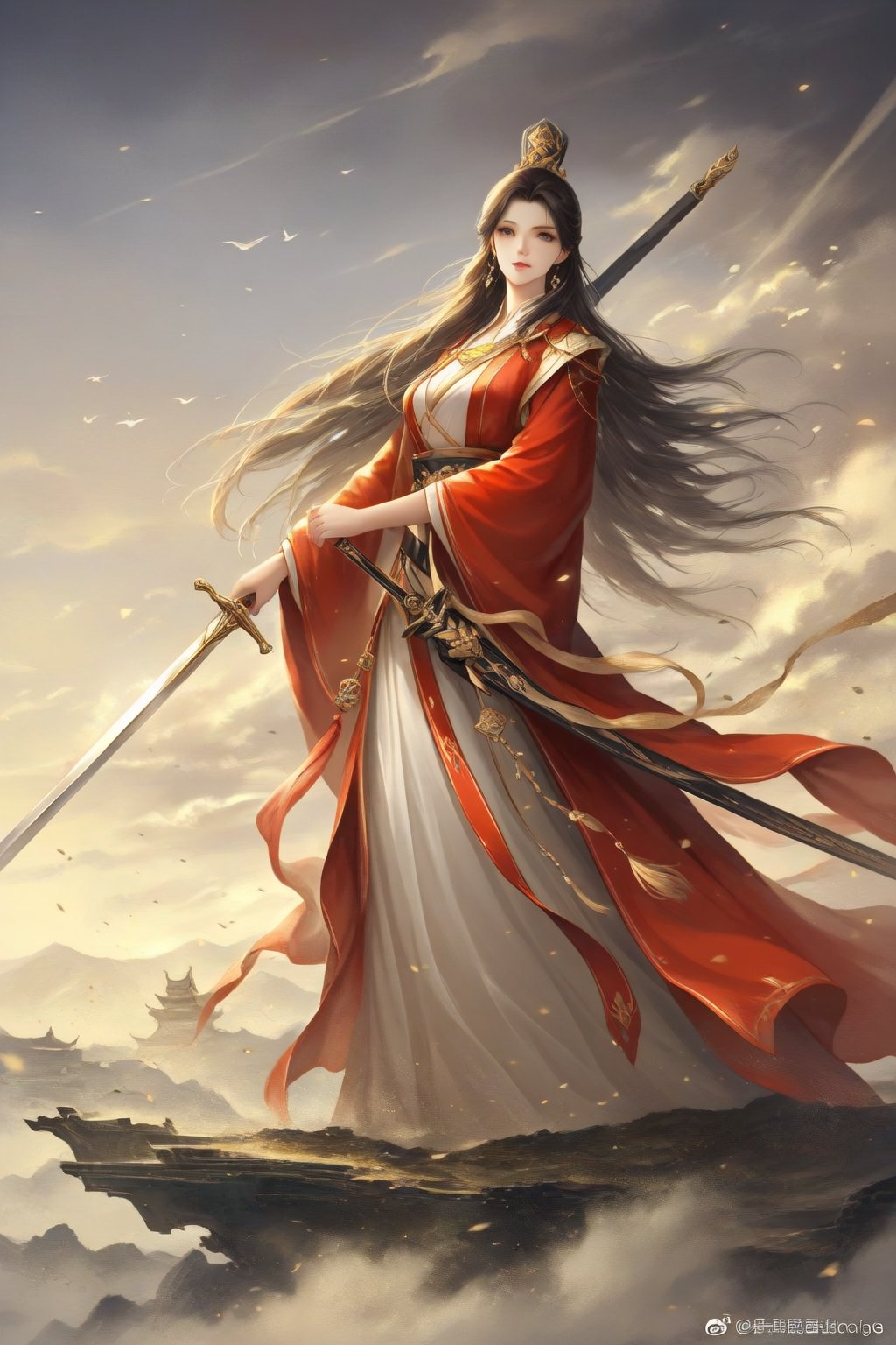 Create a dynamic painting depicting a young general standing against the wind. She has a strong posture and holds a long s...