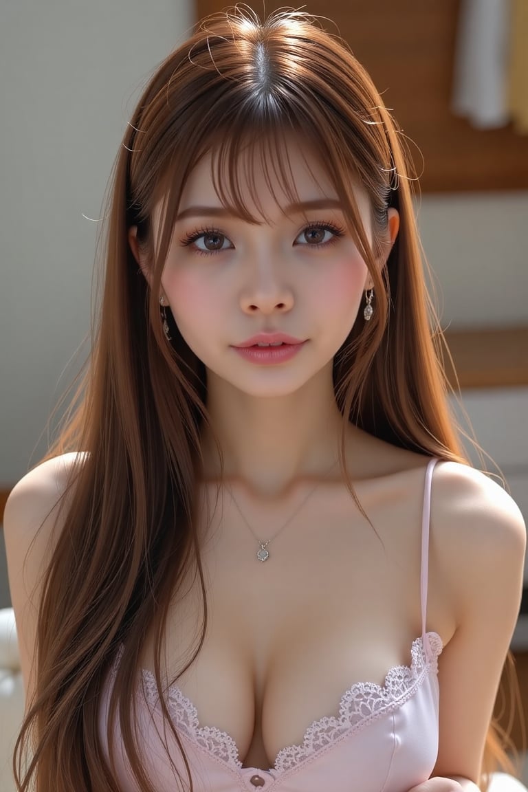 8K,  UHD:1.2,  1girl solo long hair looking at viewer bangs breasts cleavage brown hair brown eyes realistic by en0421@AI...