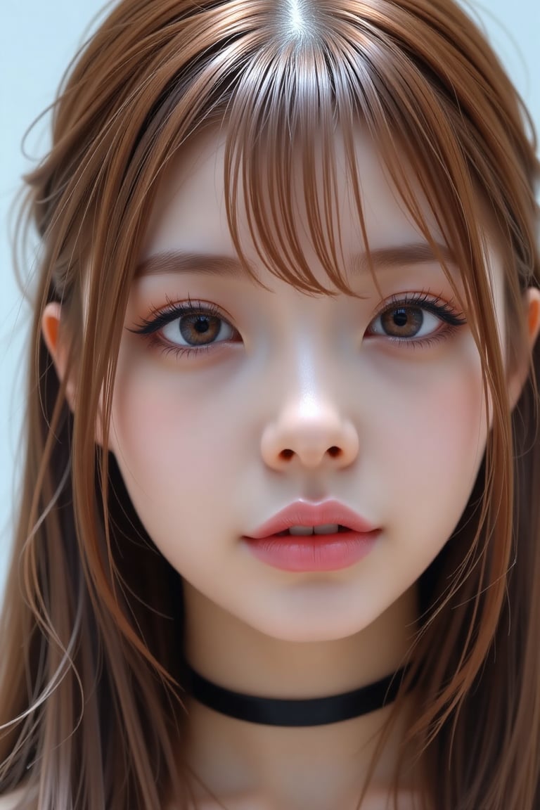 16K,  UHD:1.2,  1girl solo long hair looking at viewer bangs brown hair hair between eyes parted lips choker lips brown ey...