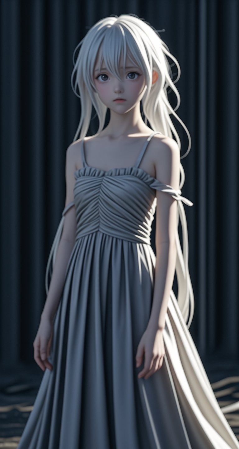 A sorrowful anime girl with long,  tousled white hair stands against a dark,  shadowy backdrop by Ai drop on Tensor.Art