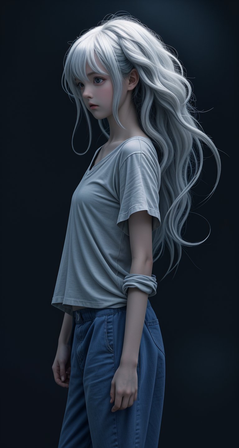 A young woman with strikingly large,  expressive eyes is captured in a poignant side-and-back profile,  her long by Ai dro...