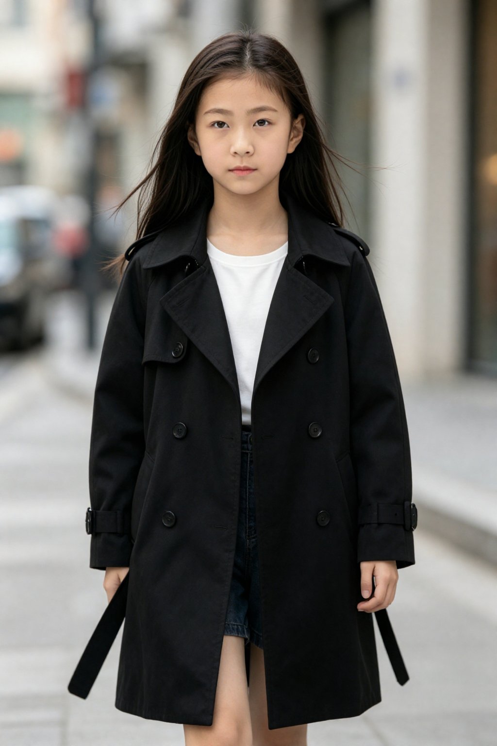 A young girl with long dark hair walks forward along a narrow urban street,  maintaining a steady and neutral expression a...