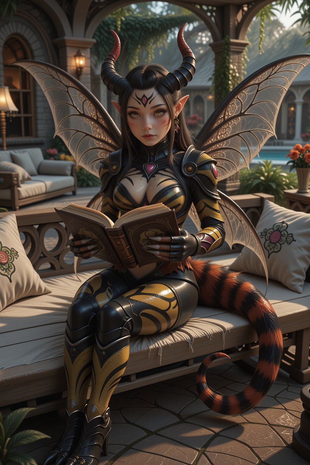Daemon Vexora sitting gracefully on a wide wooden bench in a serene and inviting backyard oasis,  full body view,  mature...