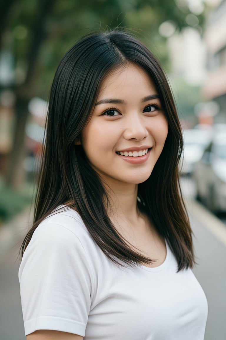 young asian woman smile,  outdoors with bokeh,  nxng kharw10 by MAEN_CG on Tensor.Art