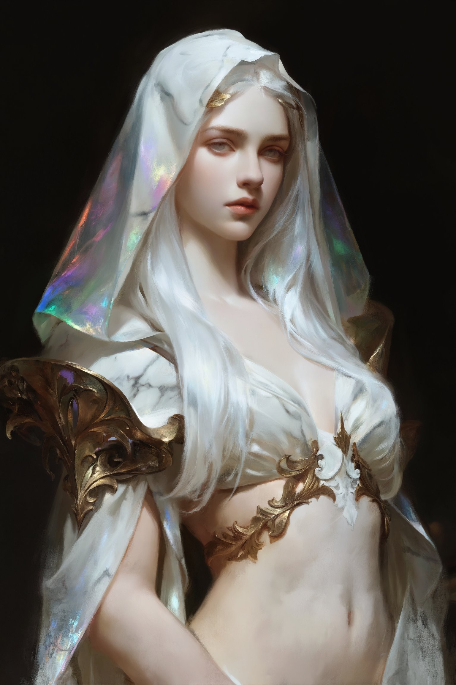 pale marble skin,  white prismatic transparent veil,  long glowing white hair by Madre_Mor on Tensor.Art