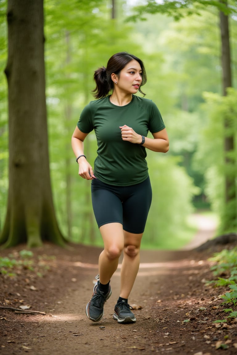 a woman wearing a green tight short-sleeved shirt fit on body,  tight short-pants fit on body,  black hair by Zero-Moralez...
