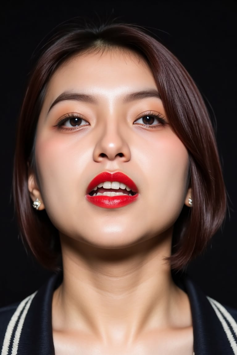 A close-up portrait of a person with striking features. The lips are full and painted in a bold red color,  adding to the...