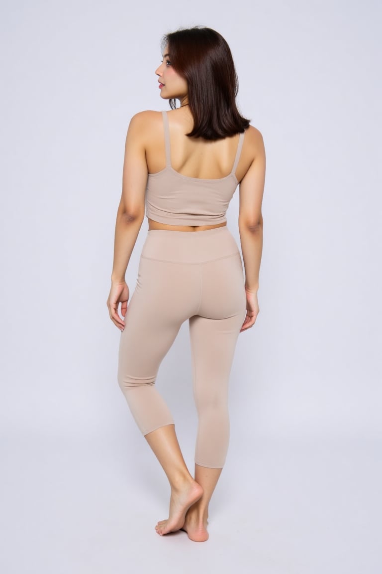 change outfit beige capri leggings and beige tanktop,  barefoot,  hands hanging on side by Zero-Moralezz on Tensor.Art