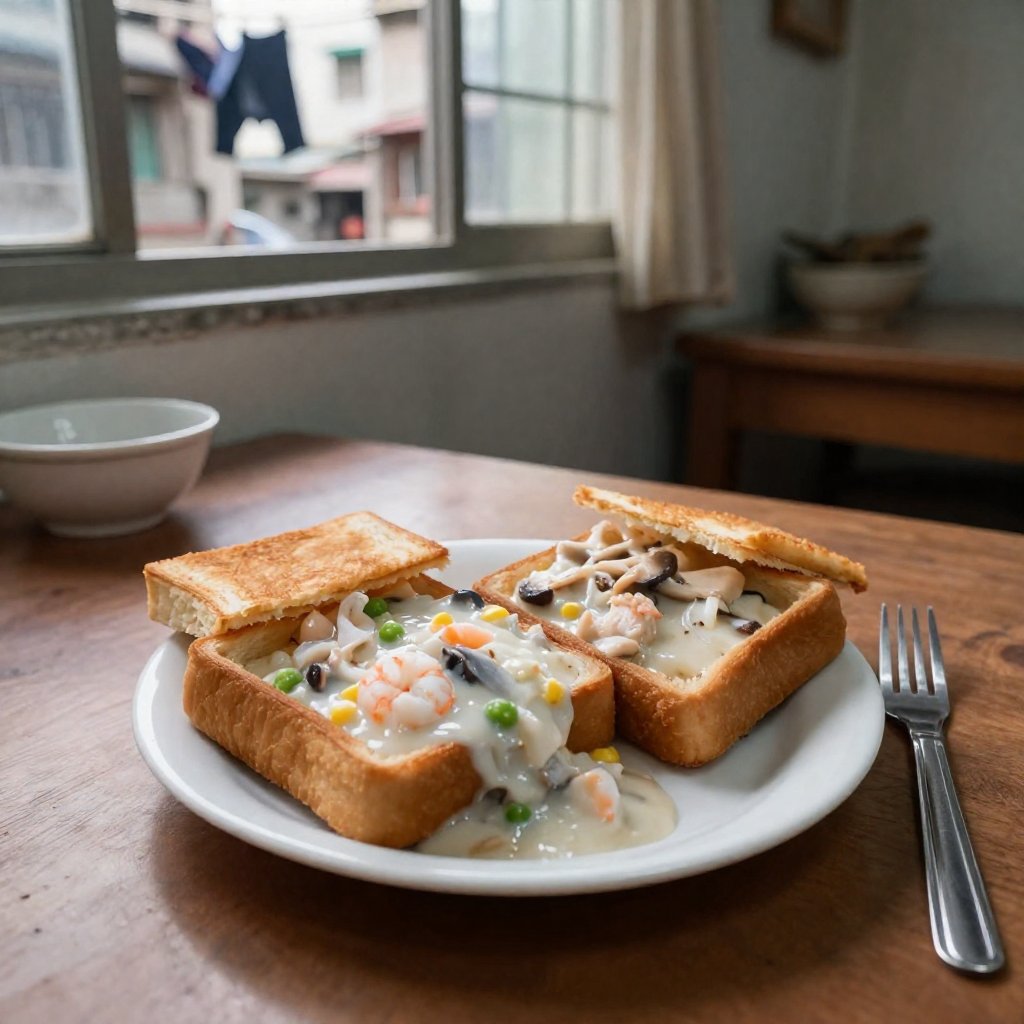 Photorealistic ultra-detailed 8K image of authentic Taiwanese Tainan Coffin Bread served in a modest Taipei old apartment...