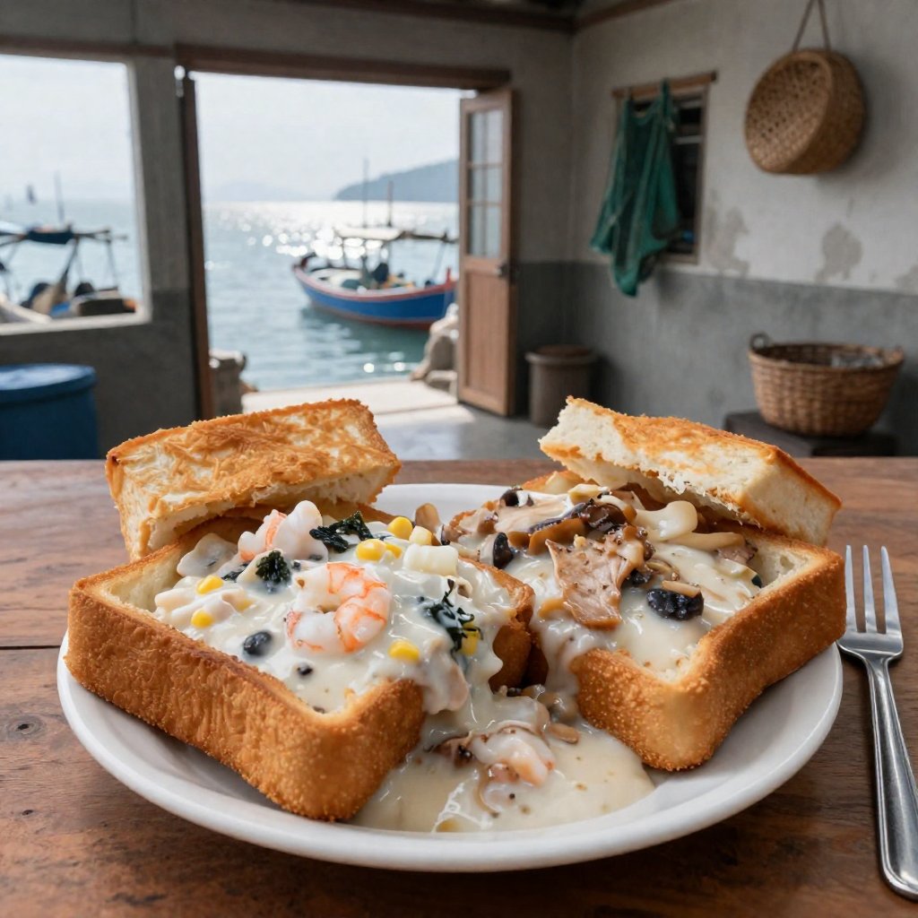 Photorealistic ultra-detailed 8K food image of authentic Taiwanese Tainan Coffin Bread served in a seaside fishing village...