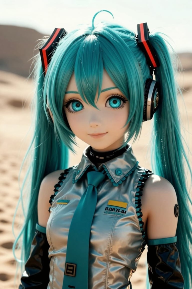 CyberTech,  a girl with a striking turquoise hair and blue eyes stands in a desert-like setting. she wears a futuristic-lo...