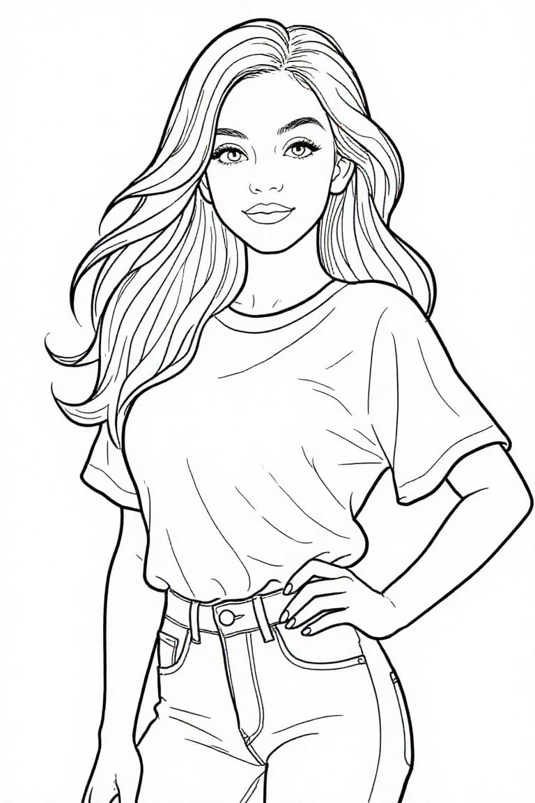 The image depicts a clean,  coloring book–style line illustration of a young woman with long,  flowing hair. She is wearin...