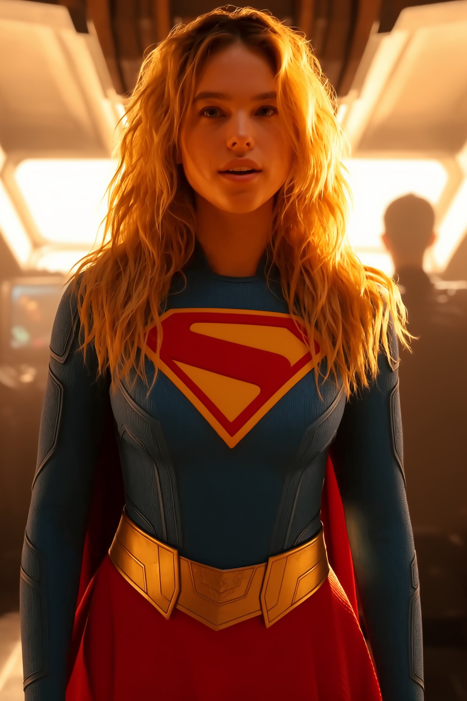 A young woman with long wavy blonde hair stands in a futuristic setting aboard a ship wearing a blue textured superhero su...