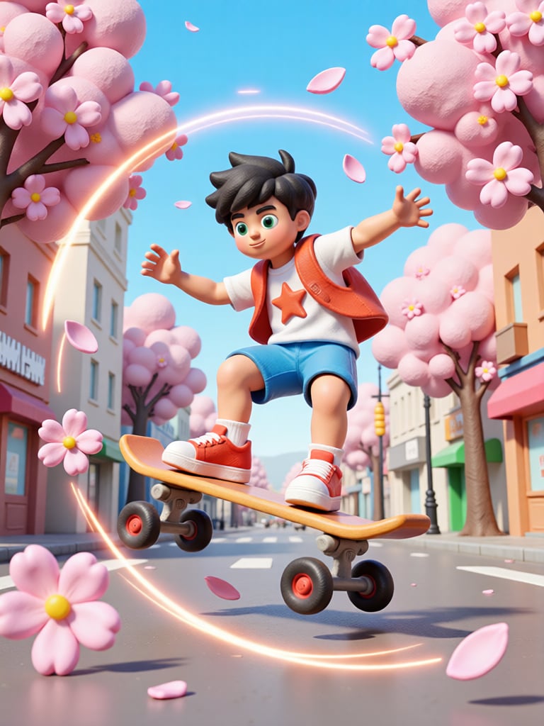3D卡通海报,  少年在樱花街道玩滑板做跳跃动作,  周围有樱花花瓣和动态光效 by xxcdesign on Tensor.Art
