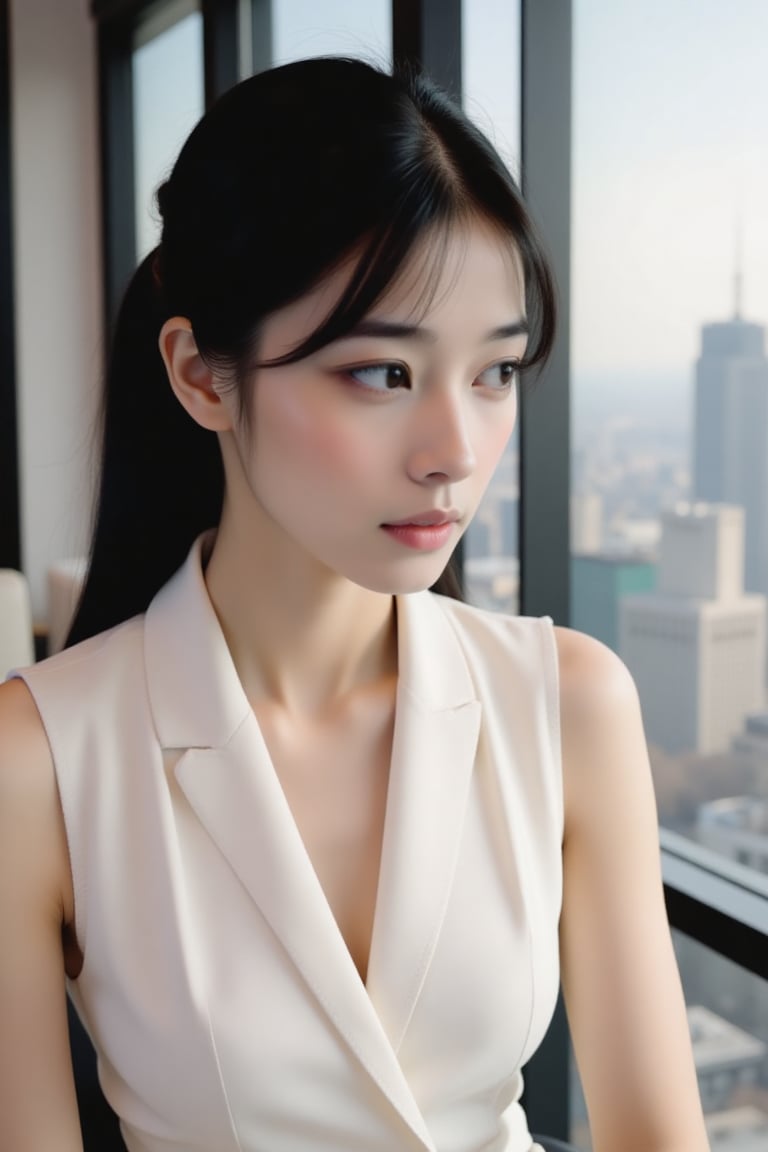 attractive office secretary,  sleeveless white blouse,  sleek hairstyle by MOLDANMR on Tensor.Art