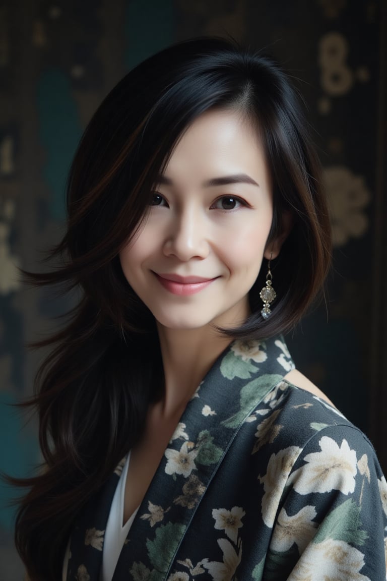 Close-up portrait of an ancient oriental beauty,  her face partially obscured by her long flowing hair. The flowing black...