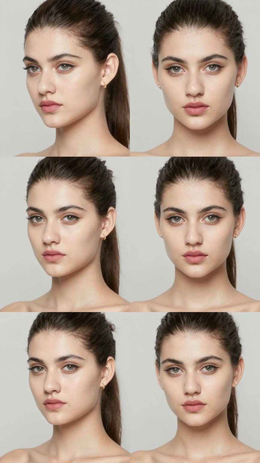 Character sheet of a beautiful young woman with soft European facial features,  fair smooth skin with subtle pores and fai...