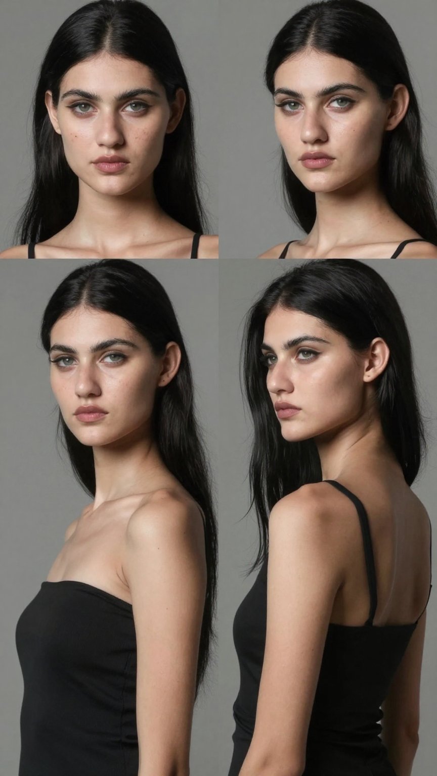 Ultra realistic character sheet of a tall slim fashion model woman,  symmetrical 2x2 portrait grid layout,  same woman sho...