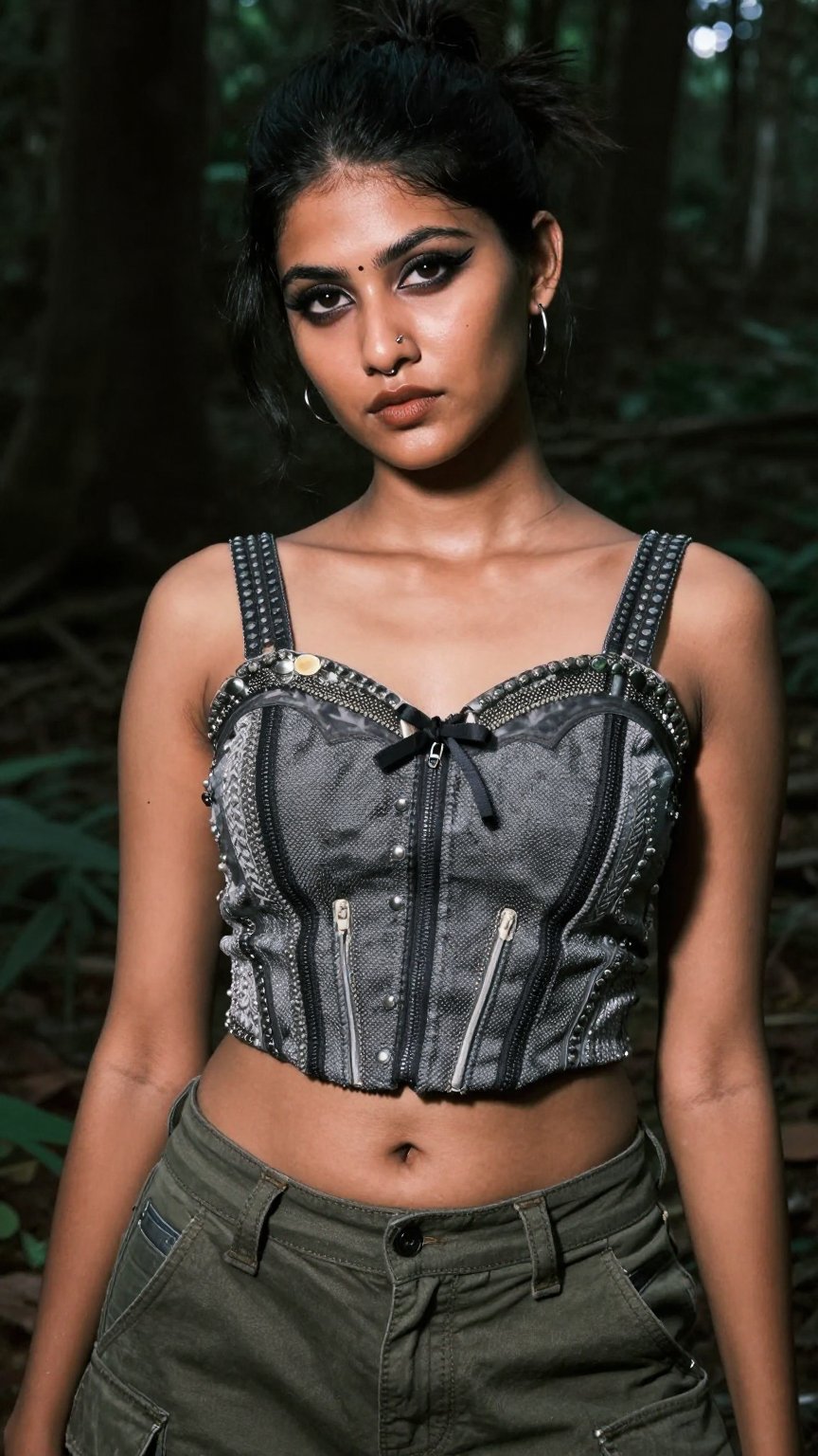 Create a Y2K style fashion photograph of a Kerala woman in a dark forest setting. She wears a jumb suit,  emphasizing extr...