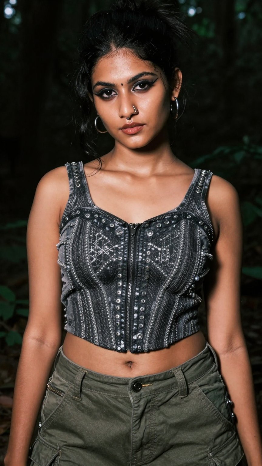 Create a Y2K style fashion photograph of a Kerala woman in a dark forest setting. She wears a jumb suit,  emphasizing extr...