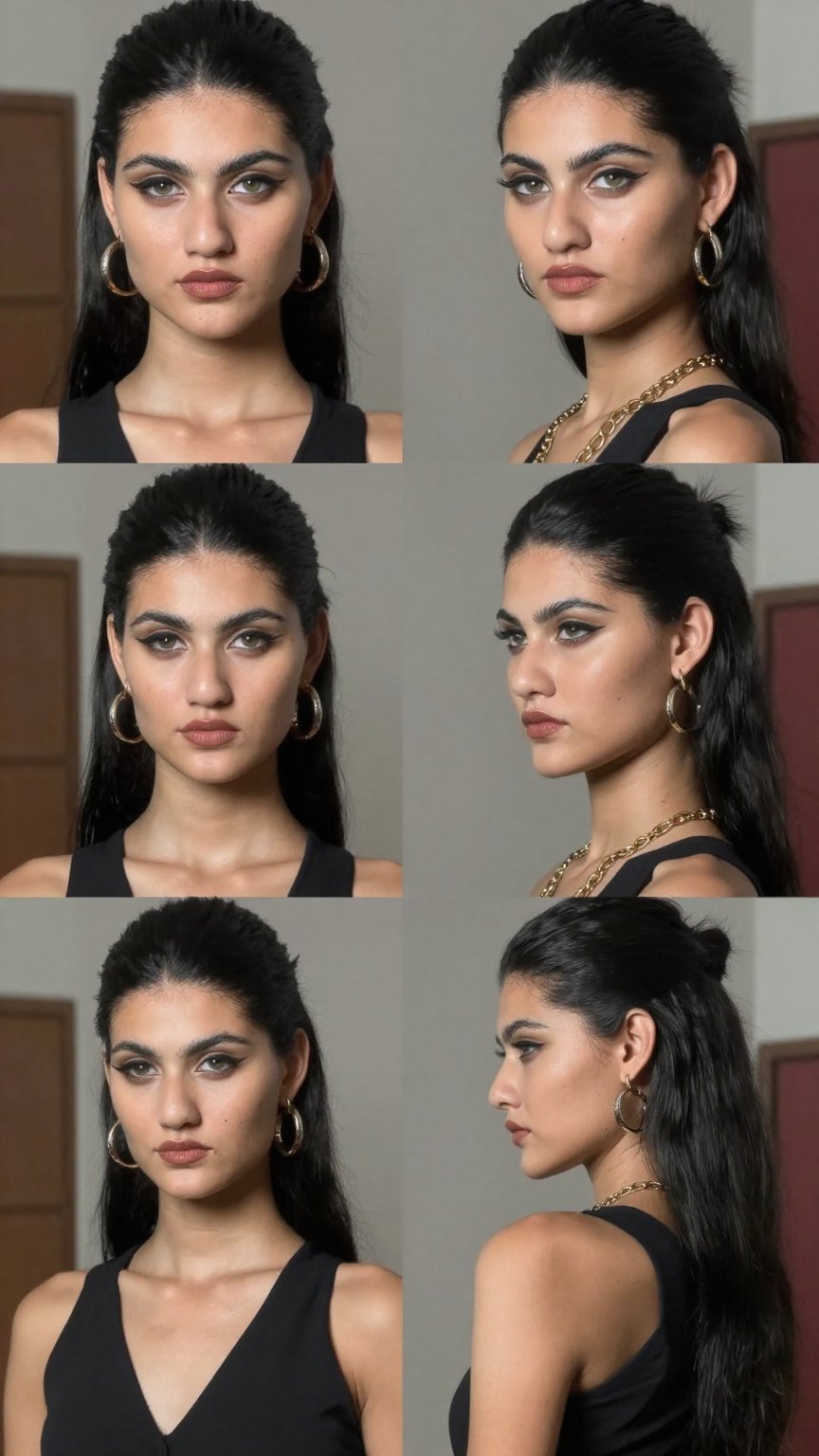 Ultra realistic character sheet of a tall slim fashion model woman,  symmetrical 2x2 portrait grid layout,  same woman sho...