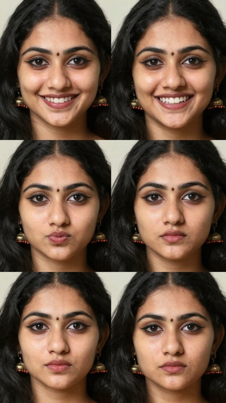 Photo collage of six different expressions of a young fair-skinned Malayali woman,  long black wavy hair,  large dark eyes...