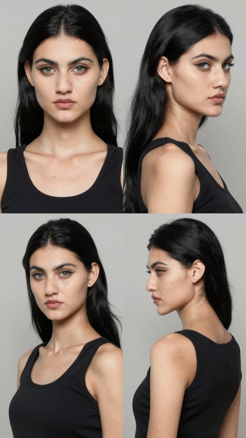 Ultra realistic character sheet of a tall slim fashion model woman,  symmetrical 2x2 portrait grid layout,  same woman sho...