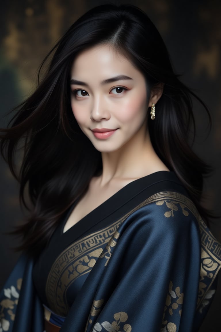 Close-up portrait of an ancient oriental beauty,  her face partially obscured by her long flowing hair. The flowing black...