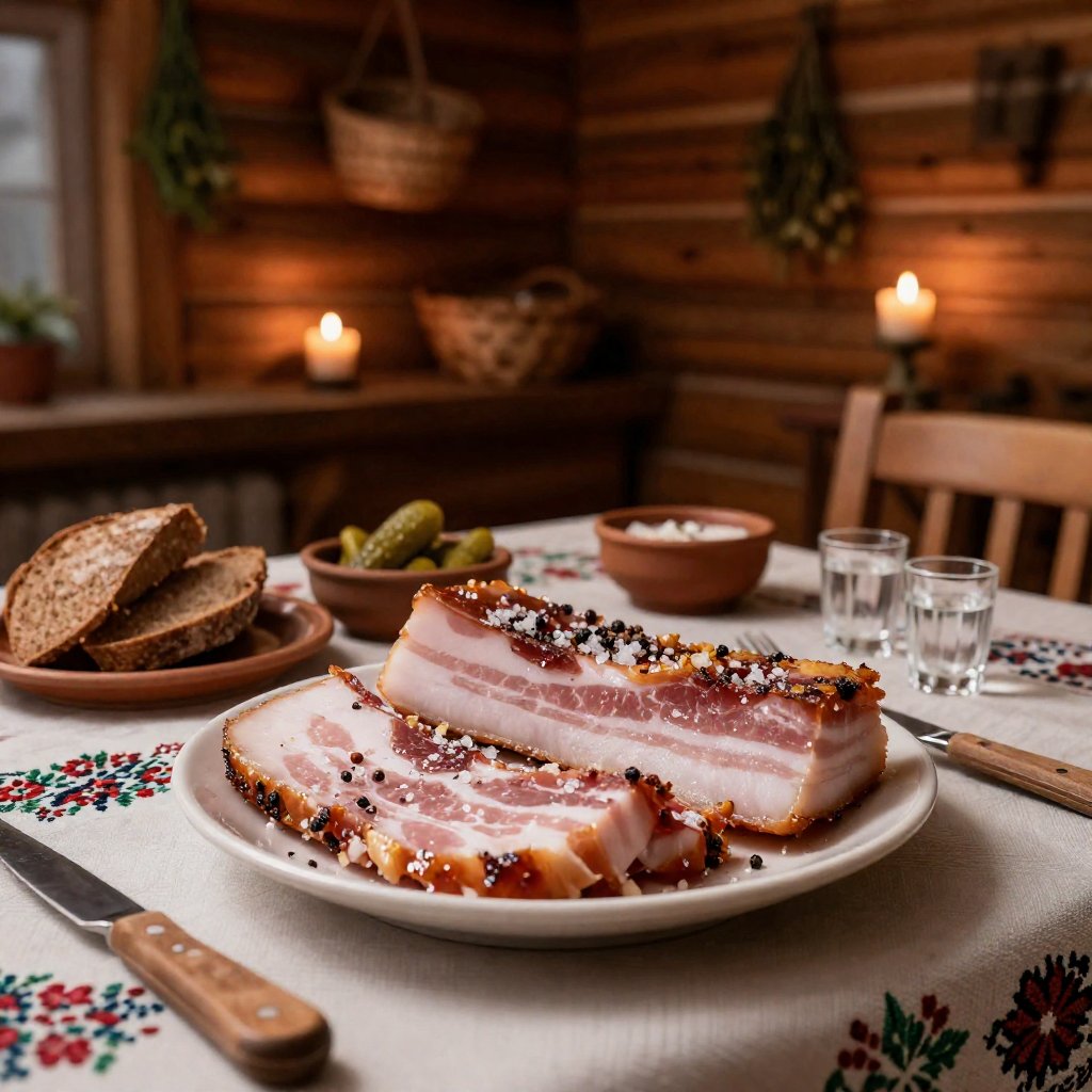 Medium-distance documentary food photography of Ukrainian Salo served on an embroidered tablecloth inside a wooden log cab...