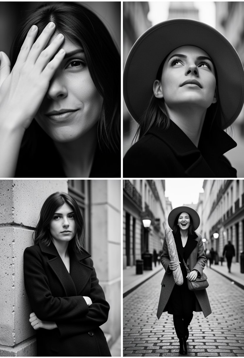 A 2x2 photo collage featuring a woman in chic Parisian street style. Frame 1: Top-left,  close-up,  mysterious smirk by ri...