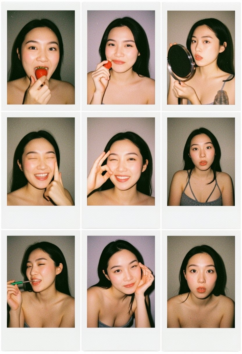 collage-photo of a trendy East Asian woman; a 3x3 grid using "Polaroid" style frames. A variety of candid moments: eating...