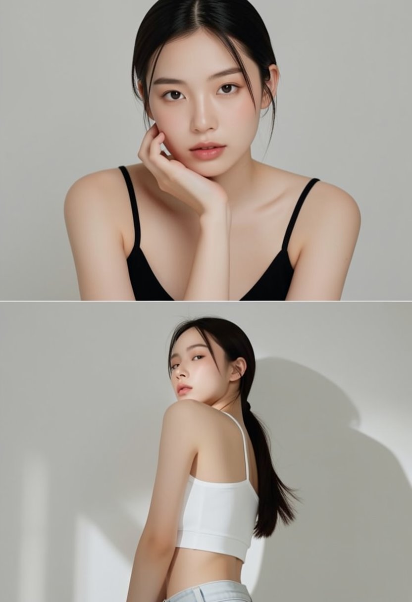 collage-photo of a young East Asian woman in a minimalist aesthetic; a 1x2 vertical stack. Top frame: Close-up of her face...