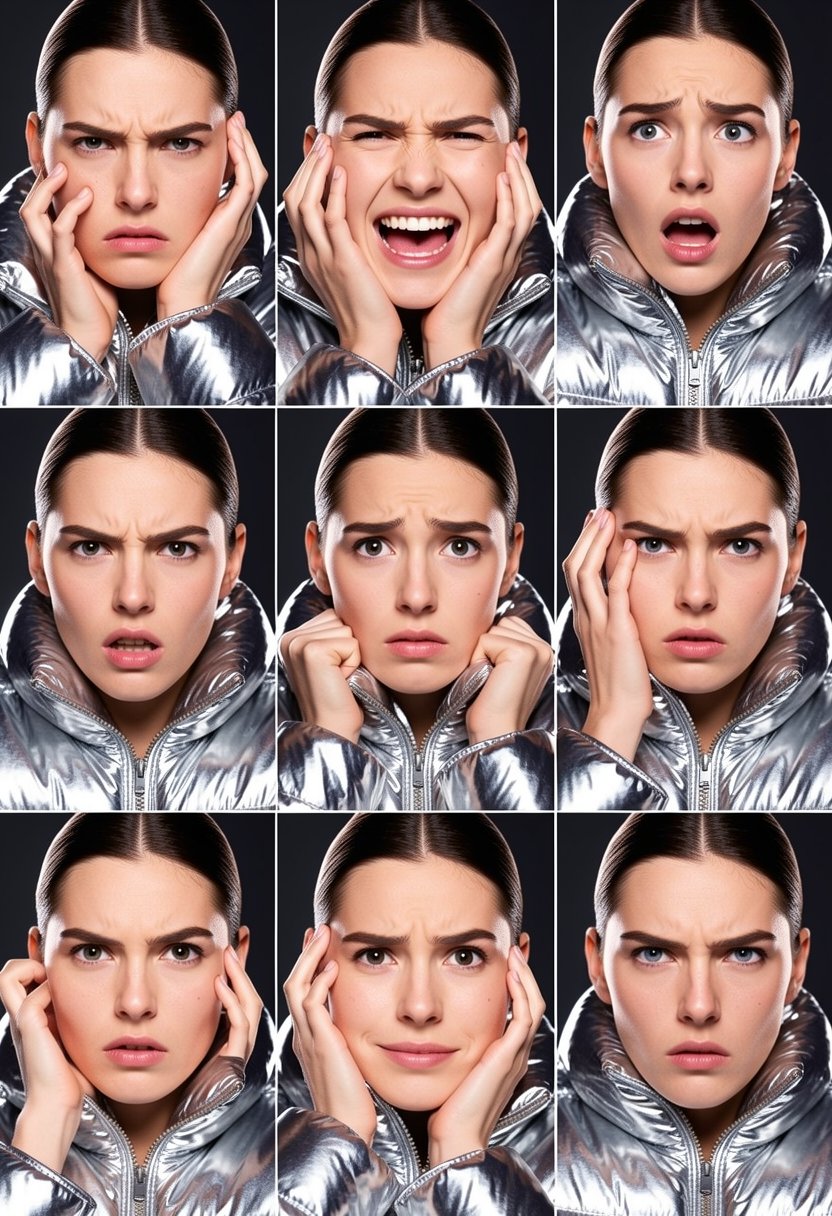 collage-photo of a high-fashion model in a metallic silver puffer jacket; a 3x3 square grid. The nine frames capture a rap...