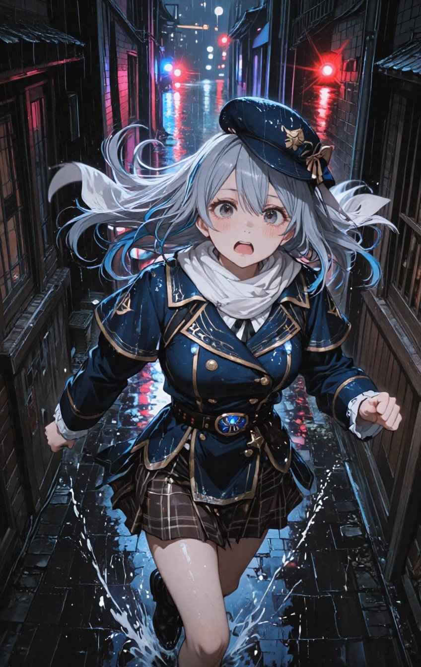 In a high-angle,  handheld framing,  an anime warrior runs through narrow by YellowPika on Tensor.Art