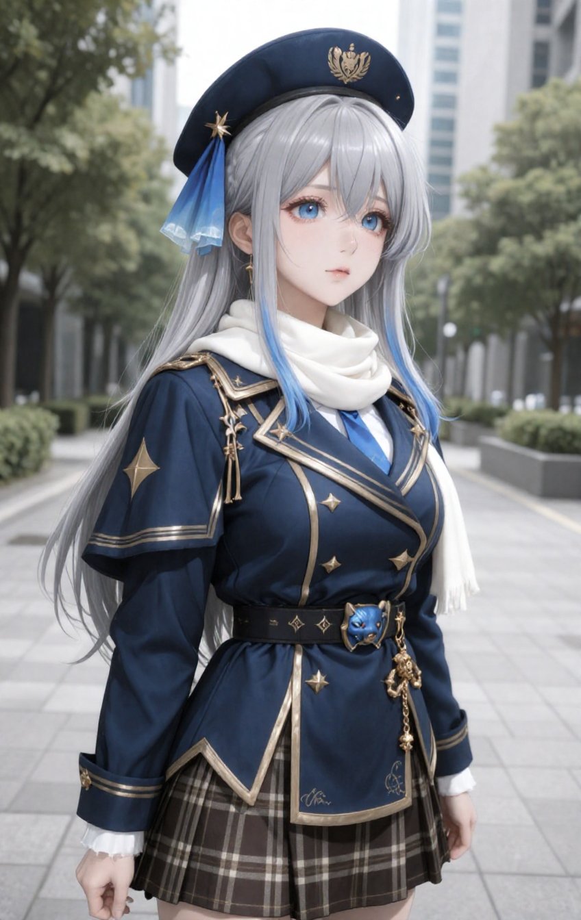 An anime warrior stands captured in a candid half-body close-up from a low-angle and slightly side view,  turning her tors...