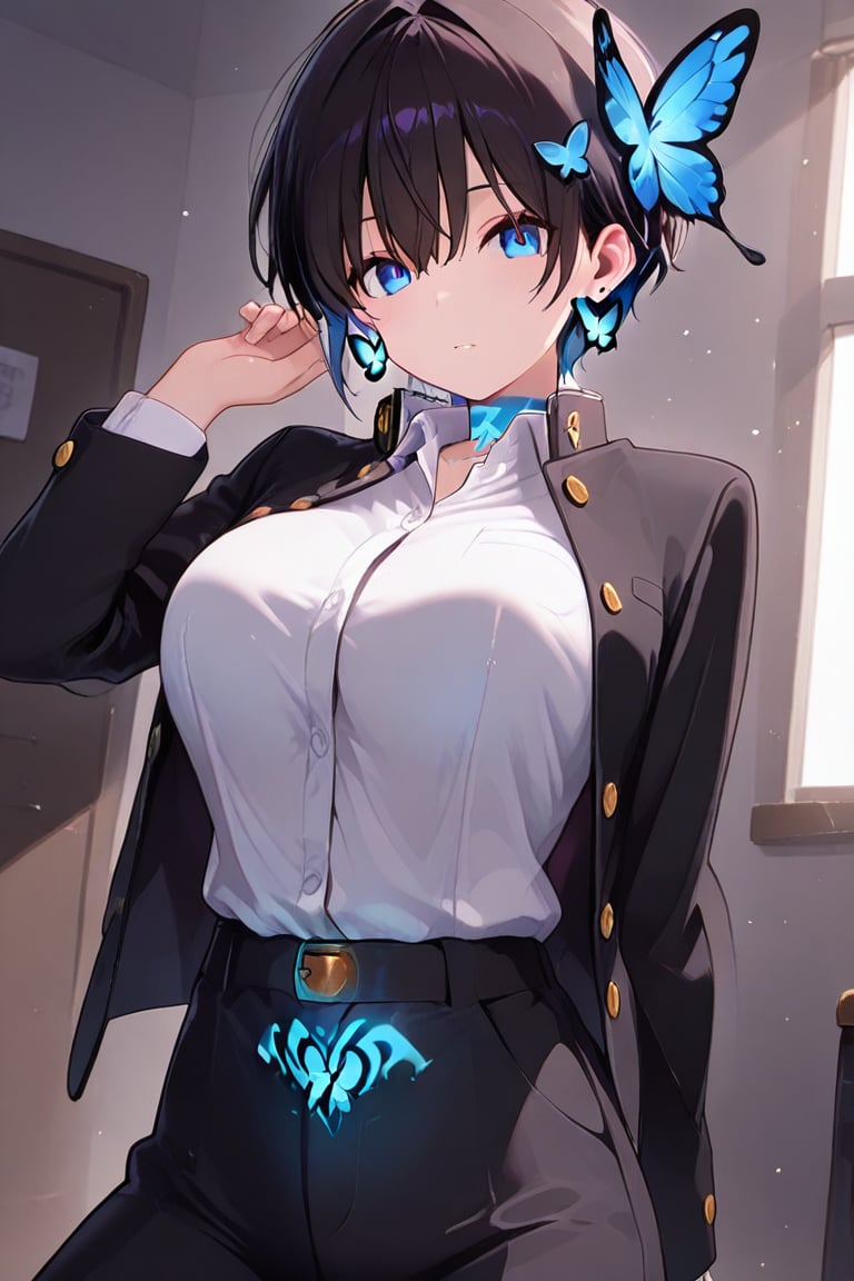 Kiyoka-chan,  blue glowing earrings,  tattoo on clothing boyish by らび@kiyoka_succubus on Tensor.Art