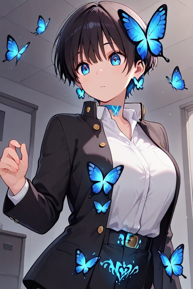 Kiyoka-chan,  blue glowing earrings,  tattoo on clothing boyish by らび@kiyoka_succubus on Tensor.Art
