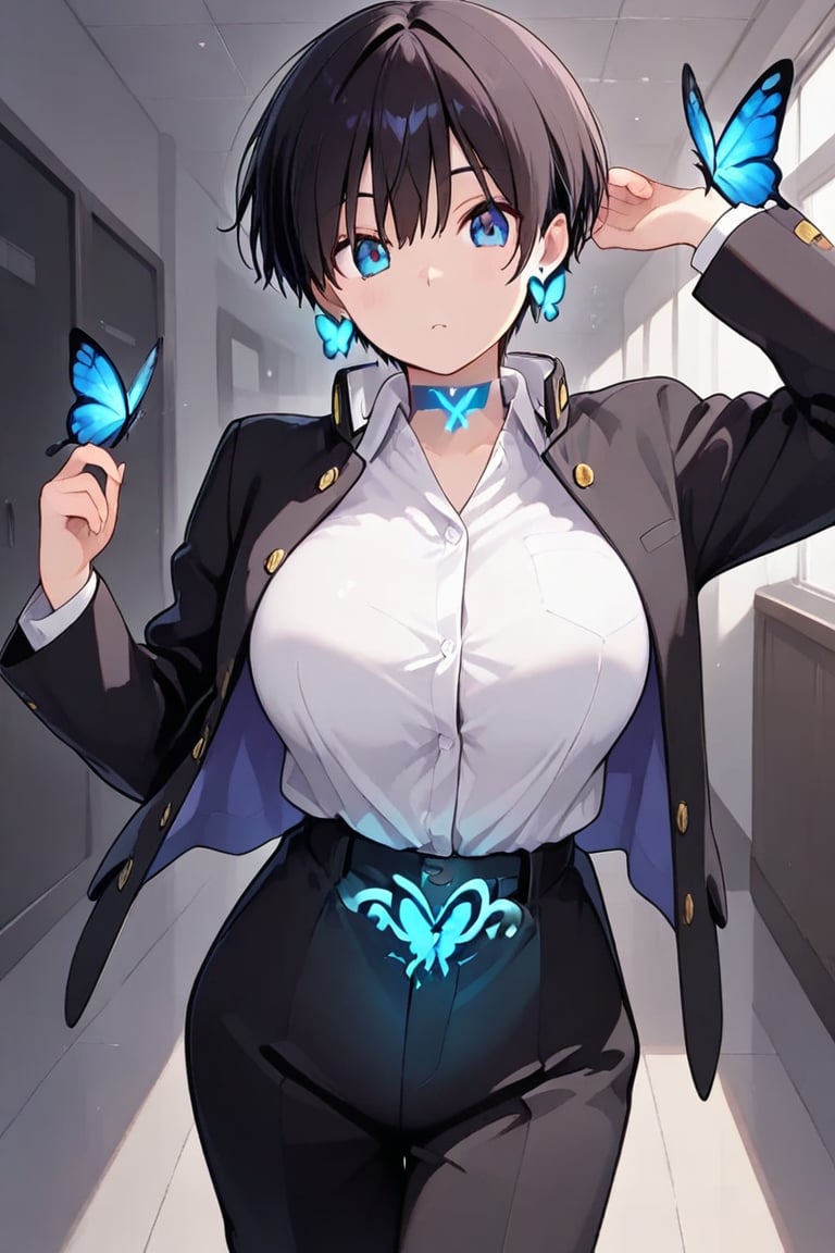 Kiyoka-chan,  blue glowing earrings,  tattoo on clothing boyish by らび@kiyoka_succubus on Tensor.Art