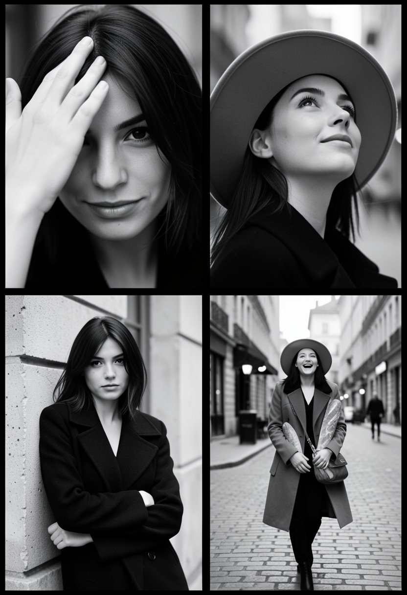 A 2x2 photo collage featuring a woman in chic Parisian street style. Frame 1: Top-left,  close-up,  mysterious smirk by ri...